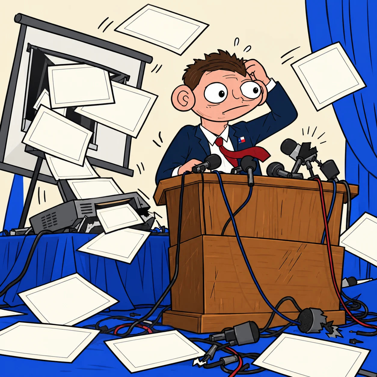Freako surrounded by microphones at a chaotic press conference